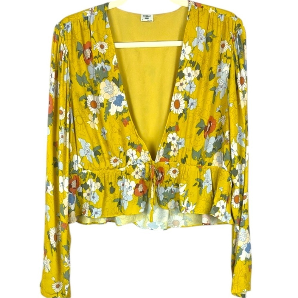 Sunday Best Cropped Yellow Floral Long Sleeve Tie Front Blouse Size 1X